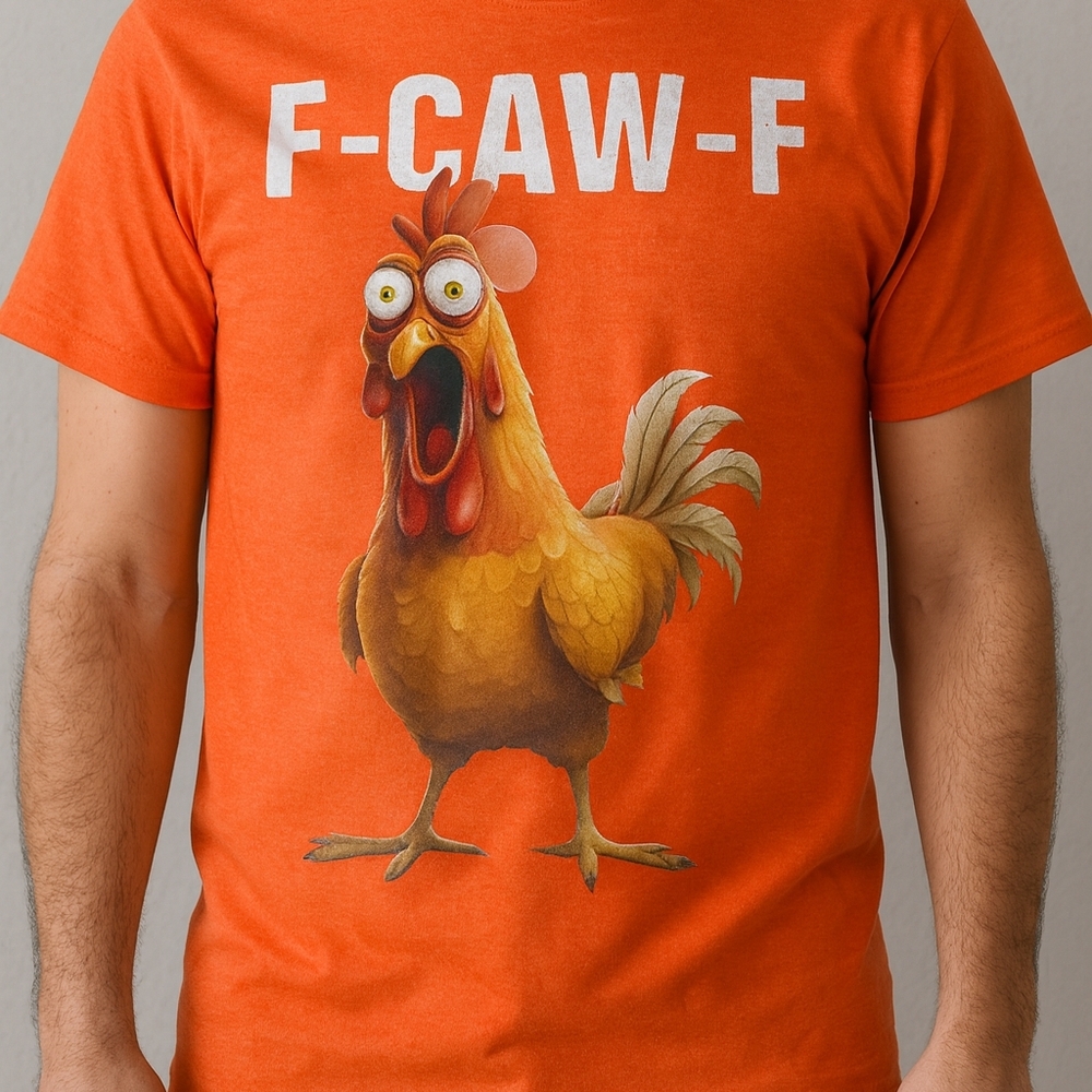 F-CAW-F Funny Chicken Tee | L | Gildan Softstyle | Orange
